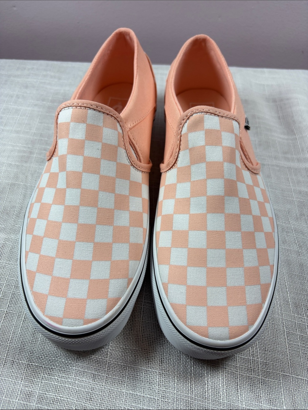 Vans Peach and White Checkerboard Slip-On Sneakers